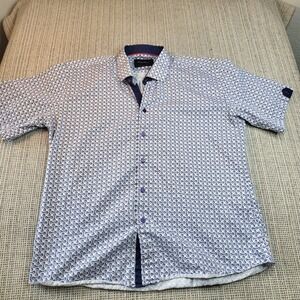 Maceoo‎ Shirt Mens 6XL Blue Geometric Short Sleeve Button Front Casual Summer